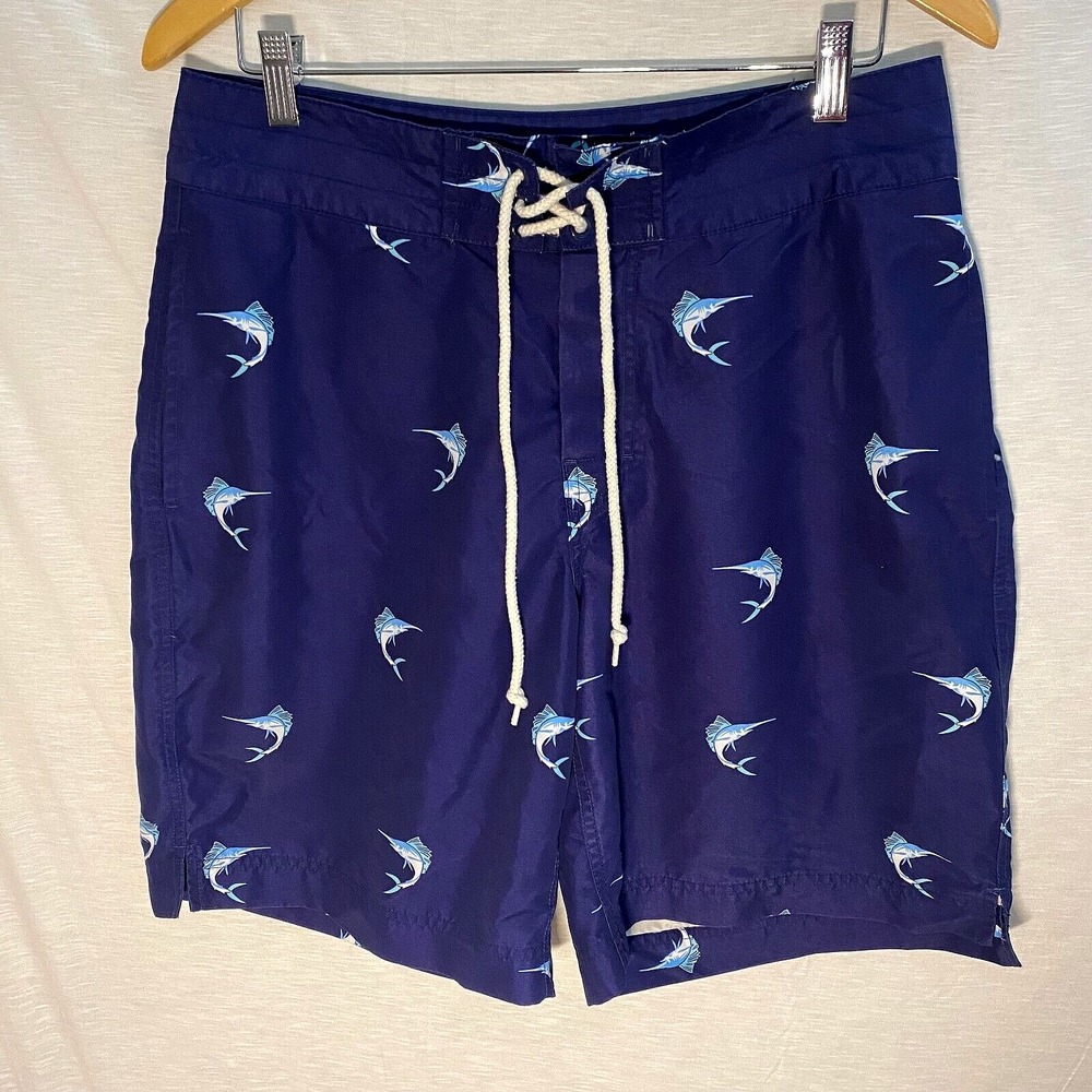 J Crew Men's Board Shorts Swimsuit Size 33 Navy Swordfish Print - Picture 1 of 11